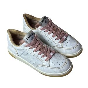 CHANEL Women's White/Pink Lace-Up Sneakers Size 7 US